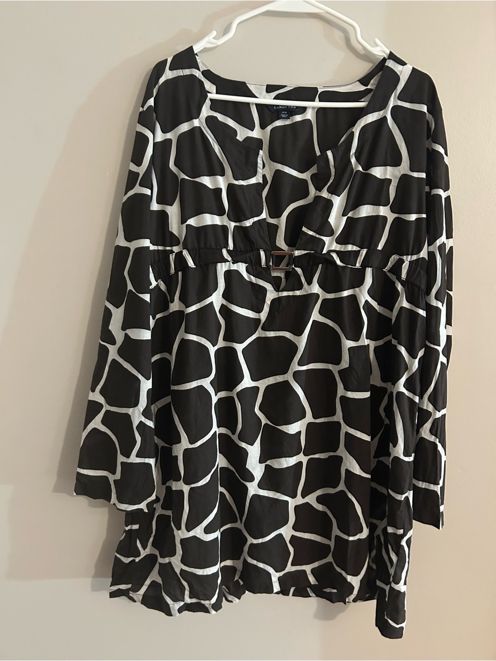 Lands' End Black and White Long Sleeve Patterned Cover Up Beach Tunic